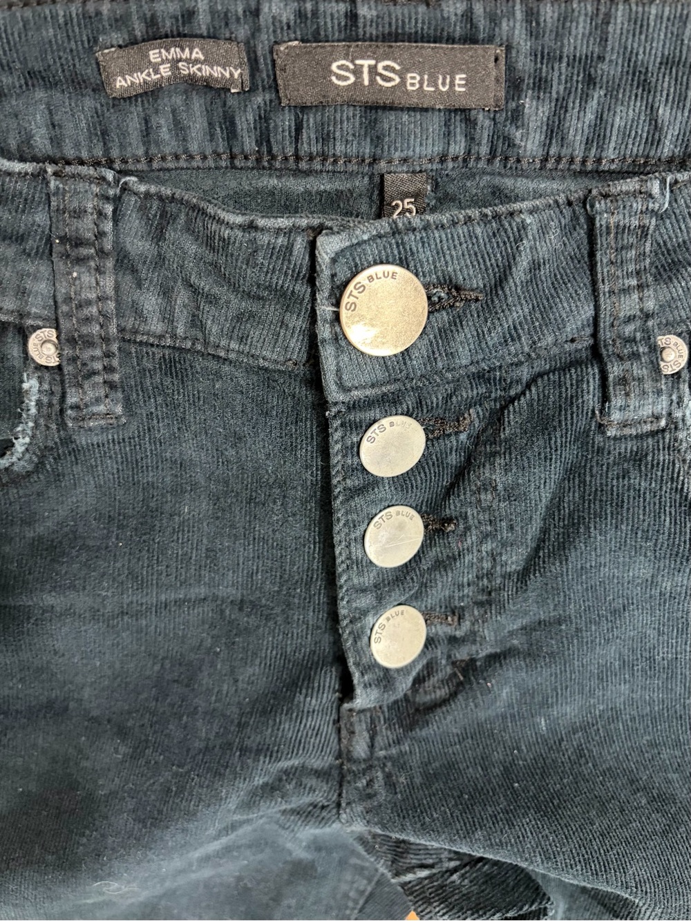 STS Blue Emma Ankle Skinny Dark Blue Button-Fly Raw-Hem Corduroy Pants (25) - Picture 3 of 9